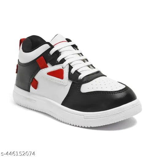 Red and black high-top sneakers, casual footwear with white sole, lace up closure