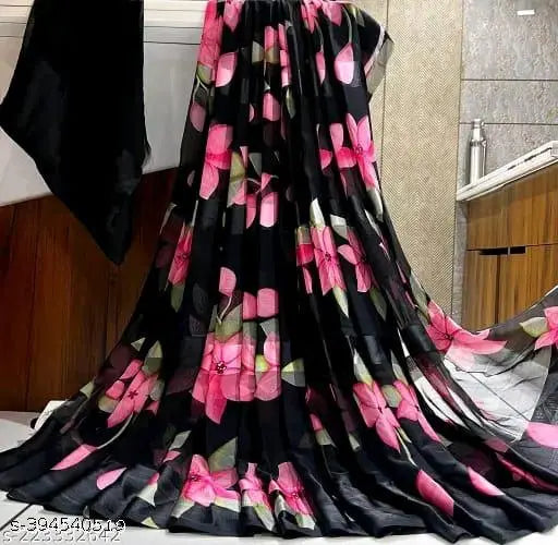 Vibrant pink and black printed georgette women's sari, long, full skirt