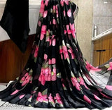 Vibrant pink and black printed georgette women's sari, long, full skirt