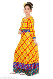 Cotton blend printed maxi dress with three-quarter sleeves, round neck, for girls aged 4-10 years. Stylish partywear for fashion-forward girls, made in India