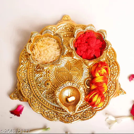 Small metal Puja thali set with 3 diya for home, temple, office, and gifting, featuring Swastik symbol and floral design on white antique gold finish, dimensions: L-B-H-18x18x4 cm