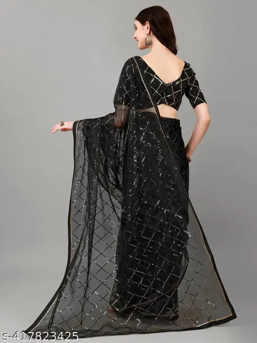 Embroidered net saree and Bangalore silk blouse, embellished Indian attire for traditional events