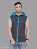 Grey cotton blend self-design net hood neck sleeveless t-shirt from Tfurnish, perfect for casual wear with jeans and sneakers. 100% pure combed 155-160 GSM cotton, made in India