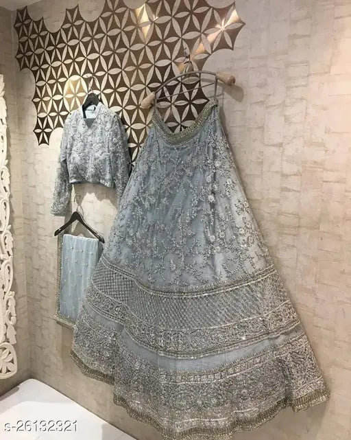 Fashionable satin lehenga set, embroidered with net dupatta, semi-stitched, India-origin