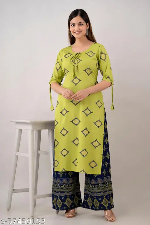 Light green rayon kurti and plazo kurta set, stylish Indian ethnic wear for women in 3/4 sleeves, perfect for casual or office wear