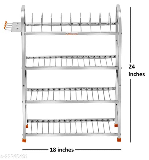 Stainless steel four-shelf wall mount kitchen rack with dish rack and bartender stand, 24x18 inches