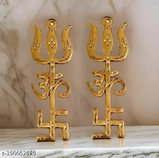 Metal Trishul Swastik Shiv Yantra set (2), pure metal Vastu decor for home door, Indian origin