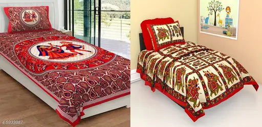 Stylish cotton single bedsheet combo, 140 thread count, two pillow covers, made in India (90x60)