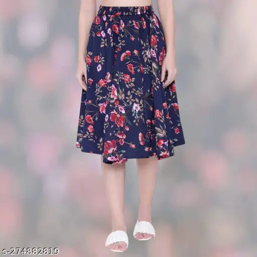Black floral skirt with flared hem and side pockets
