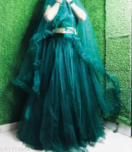 Green mehendi lehenga set, semi-stitched with acrylic top, net bottom & dupatta. Ruffle patterned choli, scenic print dupatta. Newest yellow color lehenga for women and girls, ideal for weddings, festivals, haldi, mehndi functions. India origin