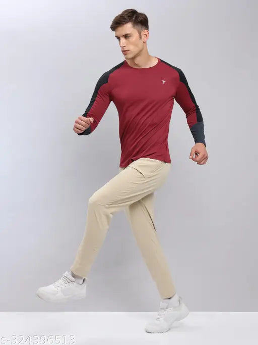 Maroon polyester long-sleeve TechnoSport men's solid t-shirt, UPF50+, OdorFree, 2-way stretch, anti-static. Model (6'1") wears size L