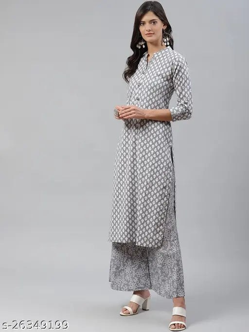 Trendy grey cotton women's kurta set with Palazzo, printed pattern, straight fit, Mandarin collar, regular sleeves - Indian export fashion