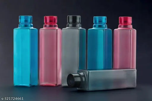 Plastic round shape water bottle set, pack of 6 with BPA-free caps in various colors for refrigerator use