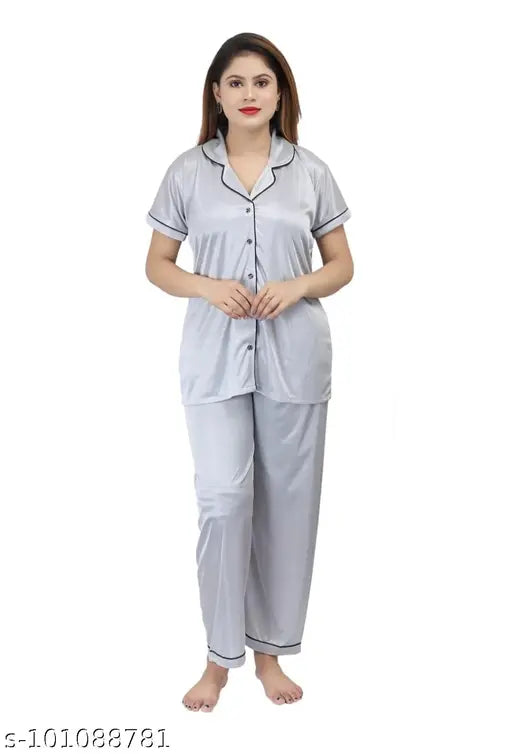 Comfortable satin nightsuit set for women, solid-color sleepwear and lounge wear with short sleeves and elastic waist