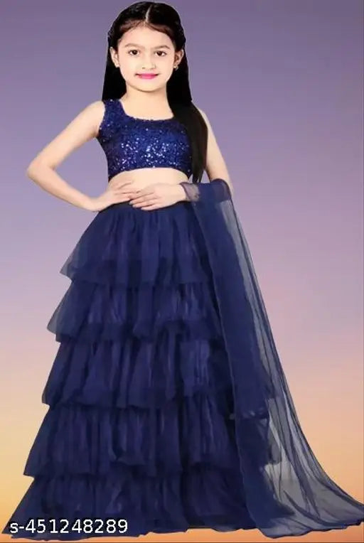 Velvet and satin sequinned lengha choli for kids, girls, and women in various sizes, featuring ruffle patterns and sleeveless design. Indian origin." (103 characters)