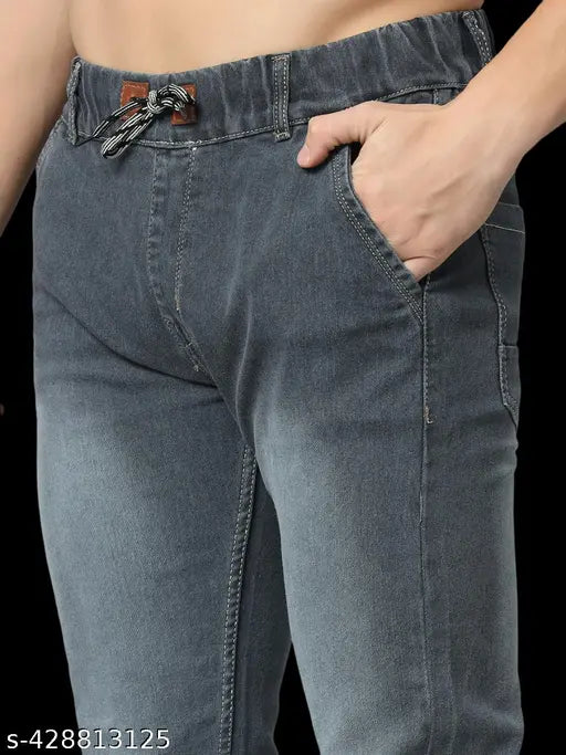 Mens grey stretch denim jogger, solid pattern, comfortable fit for men's fashion. Available in sizes 26, 28, 30, 32, origin India