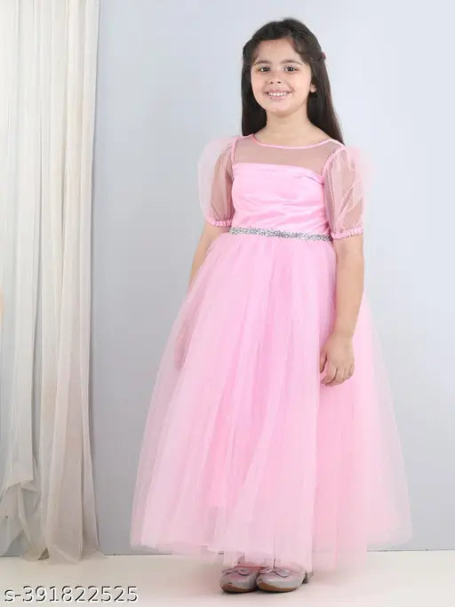 Pink net dress, girls' full length fit & flared party wear, printed toy balloon design, for kids 5-10 years old