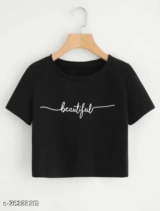 Attractive cotton short-sleeved women's t-shirt with printed pattern, available in S, M, L, XL. Indian-made fashion tee on hanger