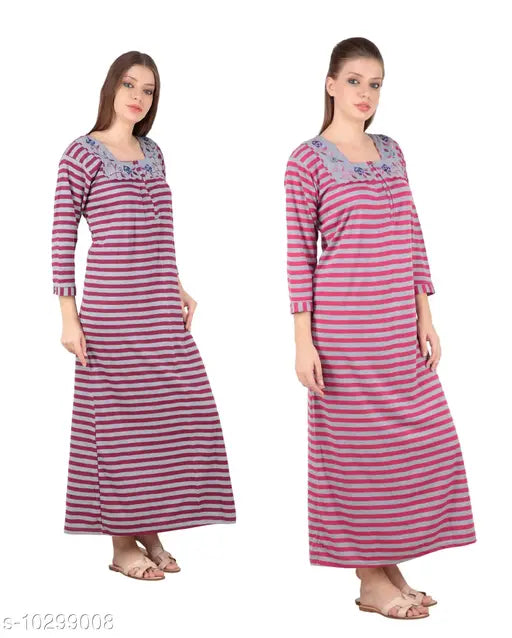 Trendy women's wool primuam quality nightdress in cotton with long sleeves and printed net pattern, India origin