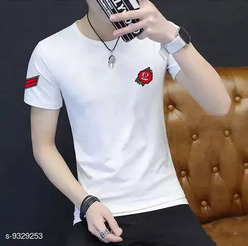 Trendy white cotton rose patch t-shirt, short sleeves, printed design on front, size S-XXL