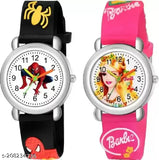 Black analog watch with Spider-Man and cartoon character on strap