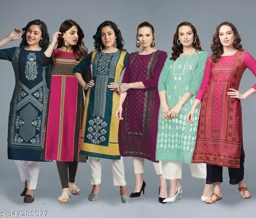 Straight kurti combo pack for women, 6 straight kurta with crepe printed pattern