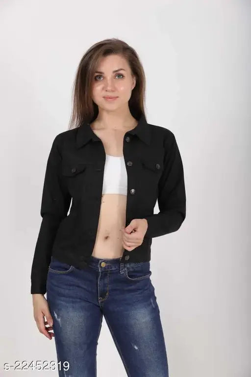 Solid denim long-sleeve jacket by Flying Girls, trendy women's denim from India