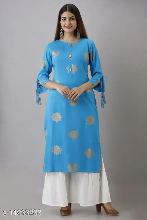 Royal blue rayon women's kurta set with sharara, long sleeves, flared bottom