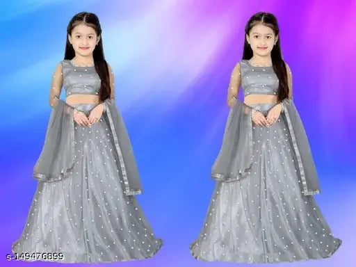 Grey net Lehanga Choli combo for kids, embroidered with three-quarter sleeves. Comes in sizes 7-14 years, Indian traditional wear on display