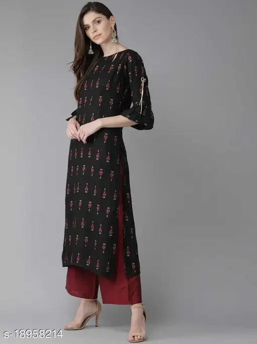 Rayon Kashvi Kurta Sets with printed net palazzos, three-quarter sleeves, Indian fashion
