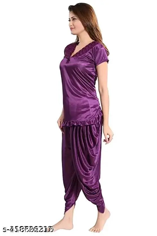 Purple satin night suit set with half sleeves Patiyala top and pyjama, stylish sleepwear for women/girls