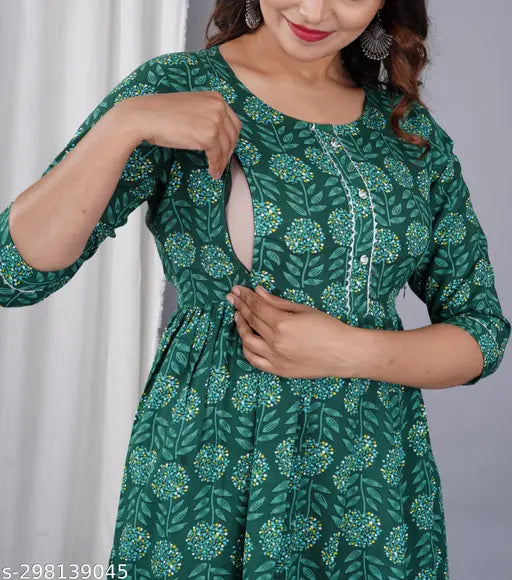 Women's rayon zip Kurta & Kurtis, maternity wear with three-quarter sleeves, printed design. Size options: M (34in bust), L (36in bust), XL (38in bust), XXL (40in bust). Indian-made maternity fashion on display