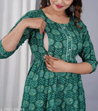 Women's rayon zip Kurta & Kurtis, maternity wear with three-quarter sleeves, printed design. Size options: M (34in bust), L (36in bust), XL (38in bust), XXL (40in bust). Indian-made maternity fashion on display