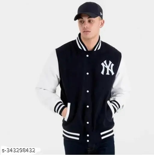Stylish black and white varsity jacket with ny print, perfect for a sports fan