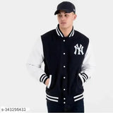 Stylish black and white varsity jacket with ny print, perfect for a sports fan
