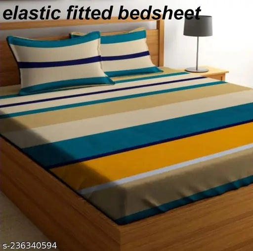 Cotton blend striped superfine fitted bedsheet, ideal for adult beds. One Deewan sheet (60x90 inches), five pillow covers, and two blower covers. Made in India