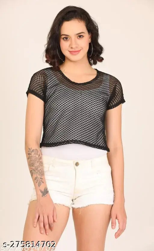 Solid net cotton KG NET-CROP-T-SHIRT, short sleeves fashion for women sizes S-XXL, made in India