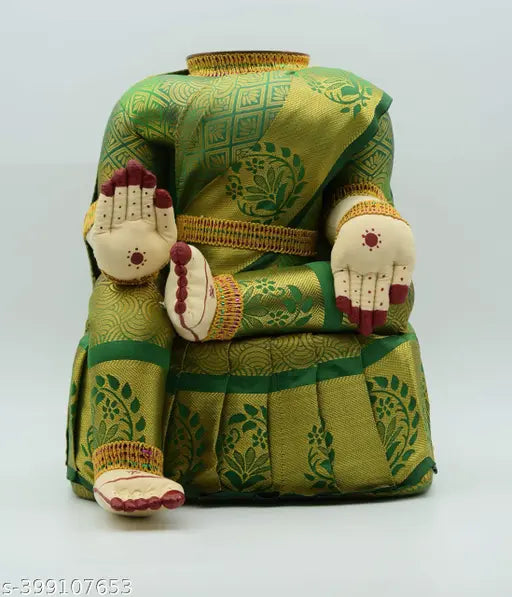 Light Green and Gold Metal Saree Varalakshmi Idol, Hindu Goddess of wealth for Varamahalakshmi Vratha Pooja, Indian origin (24cm x 38cm x 17cm)