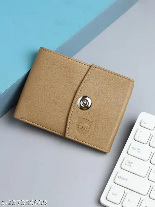 Beige magnetic closer faux leather wallet, 6 card slots for men's casual accessory on brown background