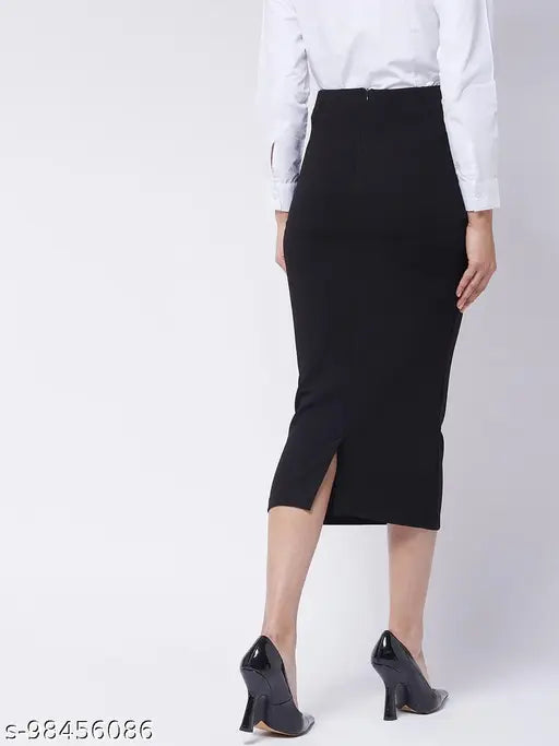 Solid polyester midi length stretchable skirt, available in various sizes from 26-44 inches waist. Indian-made fashion skirt on mannequin