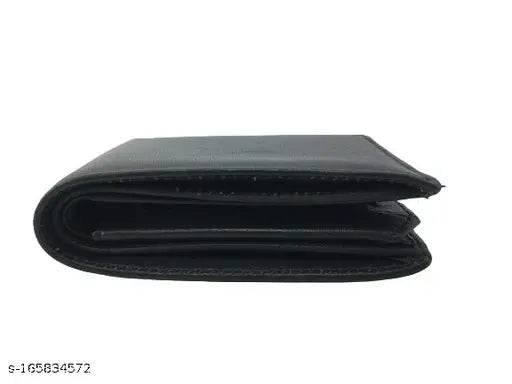 Black genuine leather compact men's wallet, solid design, spacious with multiple compartments and coin pocket. Perfect size for pocket or travel bag. Made in India