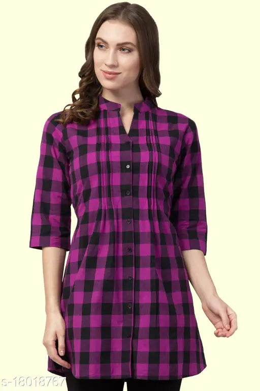 Purple checked cotton tunic with pleats and side belts, comfortable women's clothing for casual wear