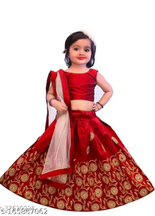 Embroidered taffeta silk kids lahengha set with net dupatta, sleeveless, 25in length, Indian origin