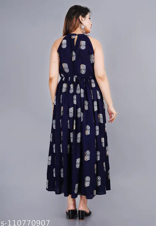 Peacock feather printed crepe sleeveless anarkali kurta, Indian women's fashion on mannequin