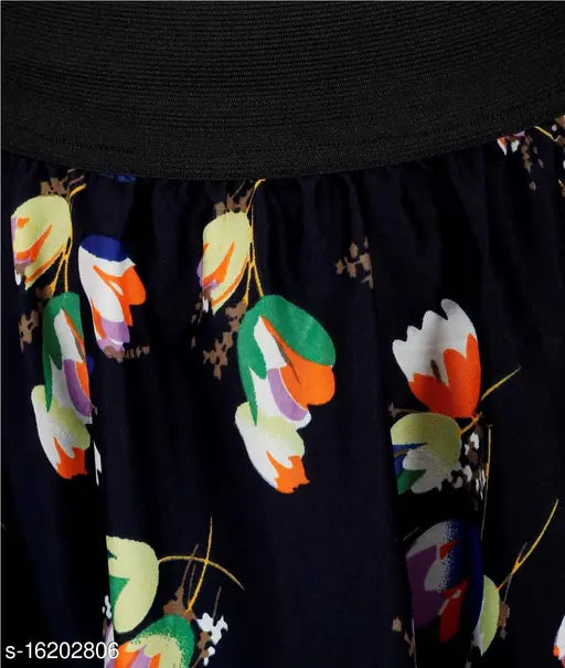 Royal Blue Crepe Skirt with Lily Flower Print, Embroidered Net, Sizes: 26-36 (waist 38in, length & hip 40in)