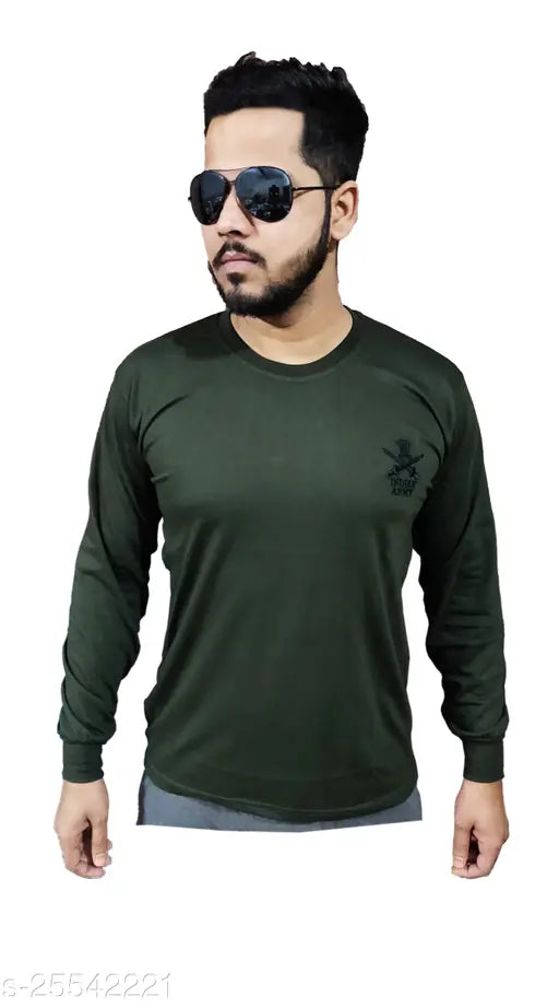 Olive green cotton blend military style t-shirt for men, solid design, best for sportswear and outdoor activities. Machine washable in cold water, made in India