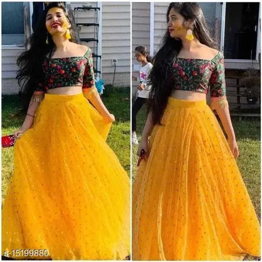 Yellow satin semi-stitched lehenga choli with embroidered patterns and a lace dupatta, India origin