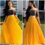 Yellow satin semi-stitched lehenga choli with embroidered patterns and a lace dupatta, India origin