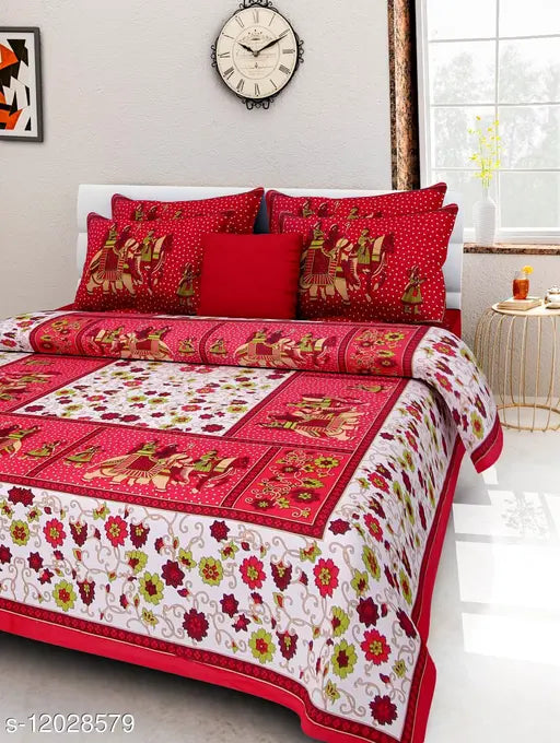 Jaipuri printed cotton double bed sheets combo pack (2 queen size bedsheets + 4 pillow covers), vibrant Indian design on display