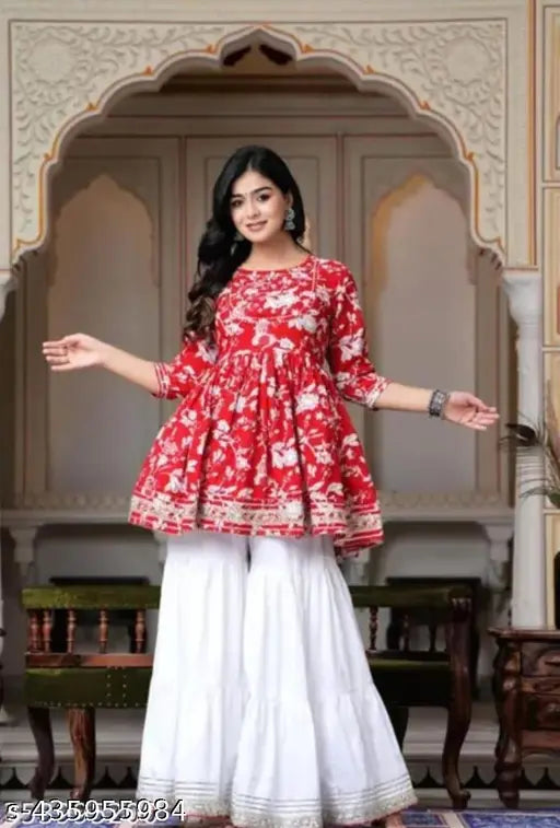 Red embroidered printed kameez set with white dupatta and pants